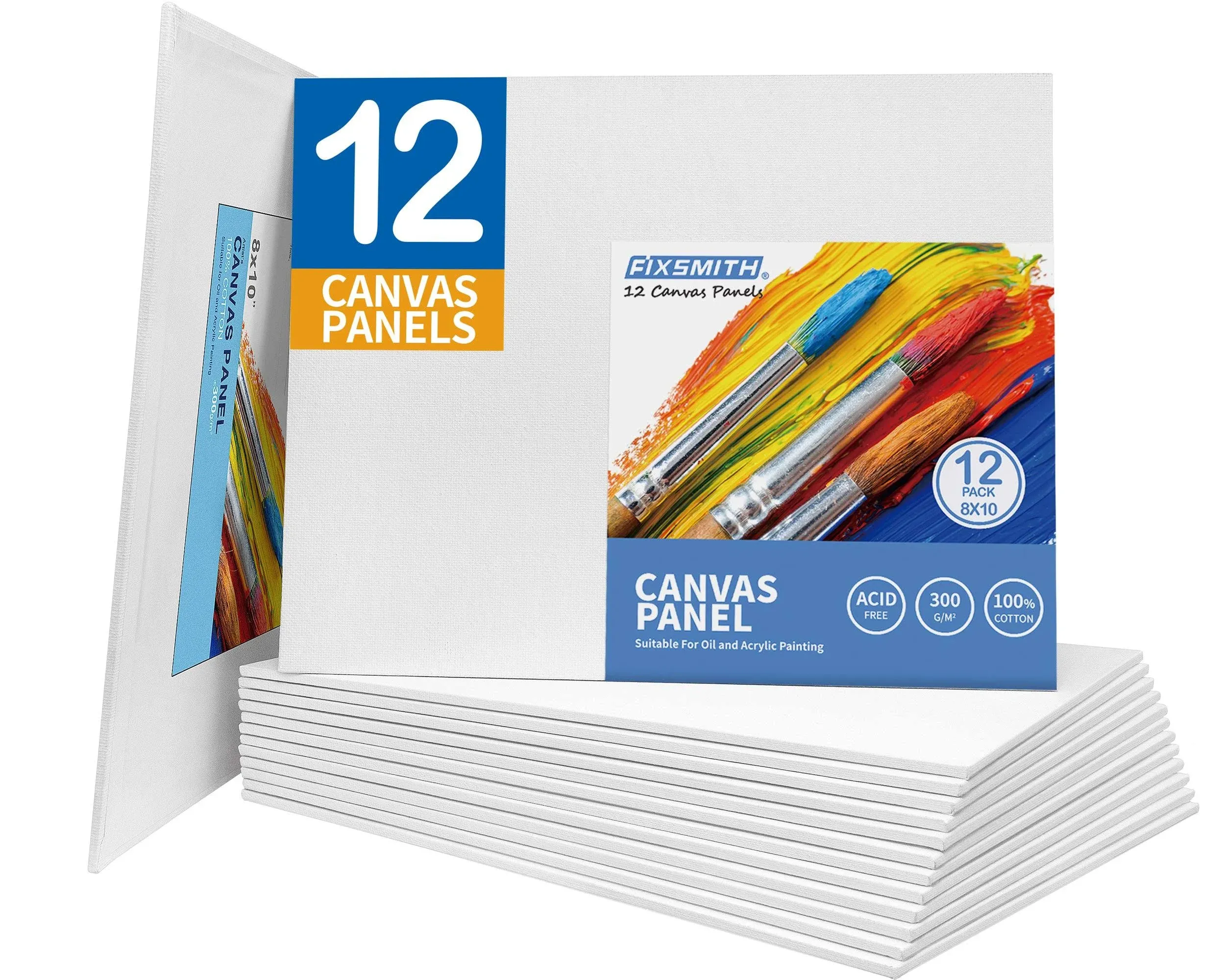 FIXSMITH Canvases for Painting, 8x10 Inch Canvas Boards, Super Value 12 Pack White Blank Canvas Panels, 100% Cotton Primed, Painting Art Supplies for Professionals, Hobby Painters, Students & Kids