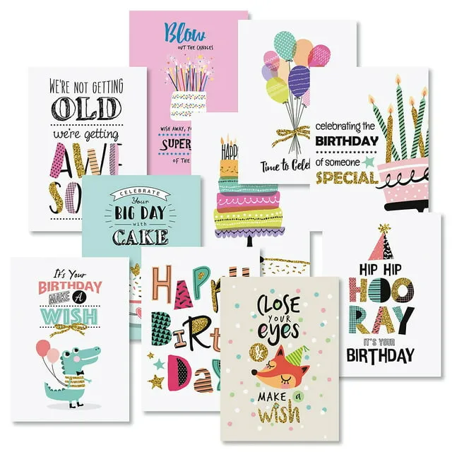 Simple Wishes Birthday Greeting Cards Value Pack - Set of 20 (10 designs), Large 5" x 7", Happy Birthday Cards with Sentiments Inside