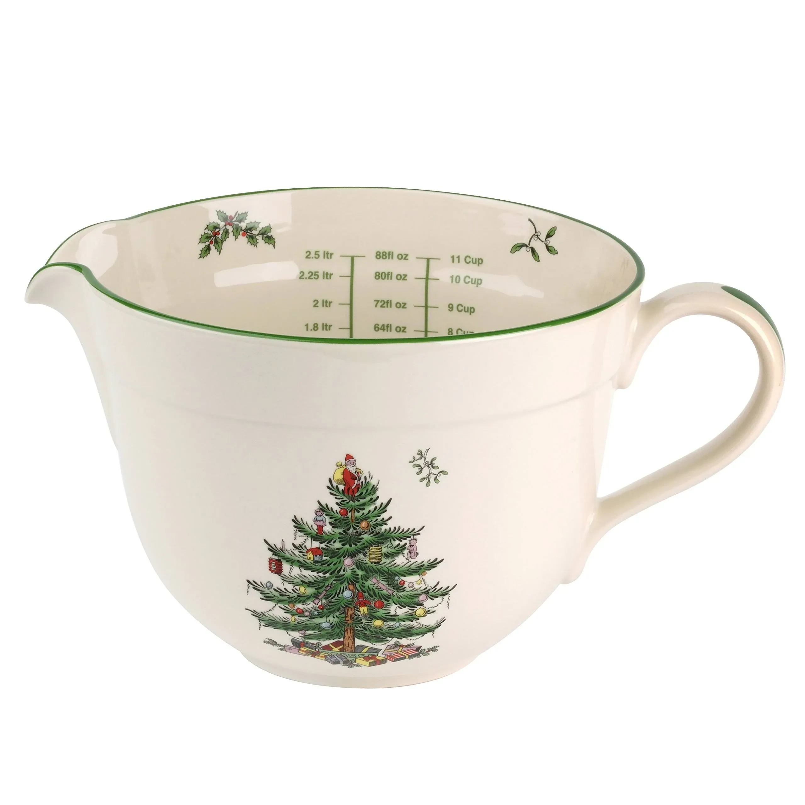 Spode Christmas Tree Batter Jug - 2 Quart Mixing Batter Bowl with Handle and Precision Pour Spout, Fine Earthenware Holiday Baking Tool - Festive Bakeware for Christmas, Dishwasher & Microwave Safe