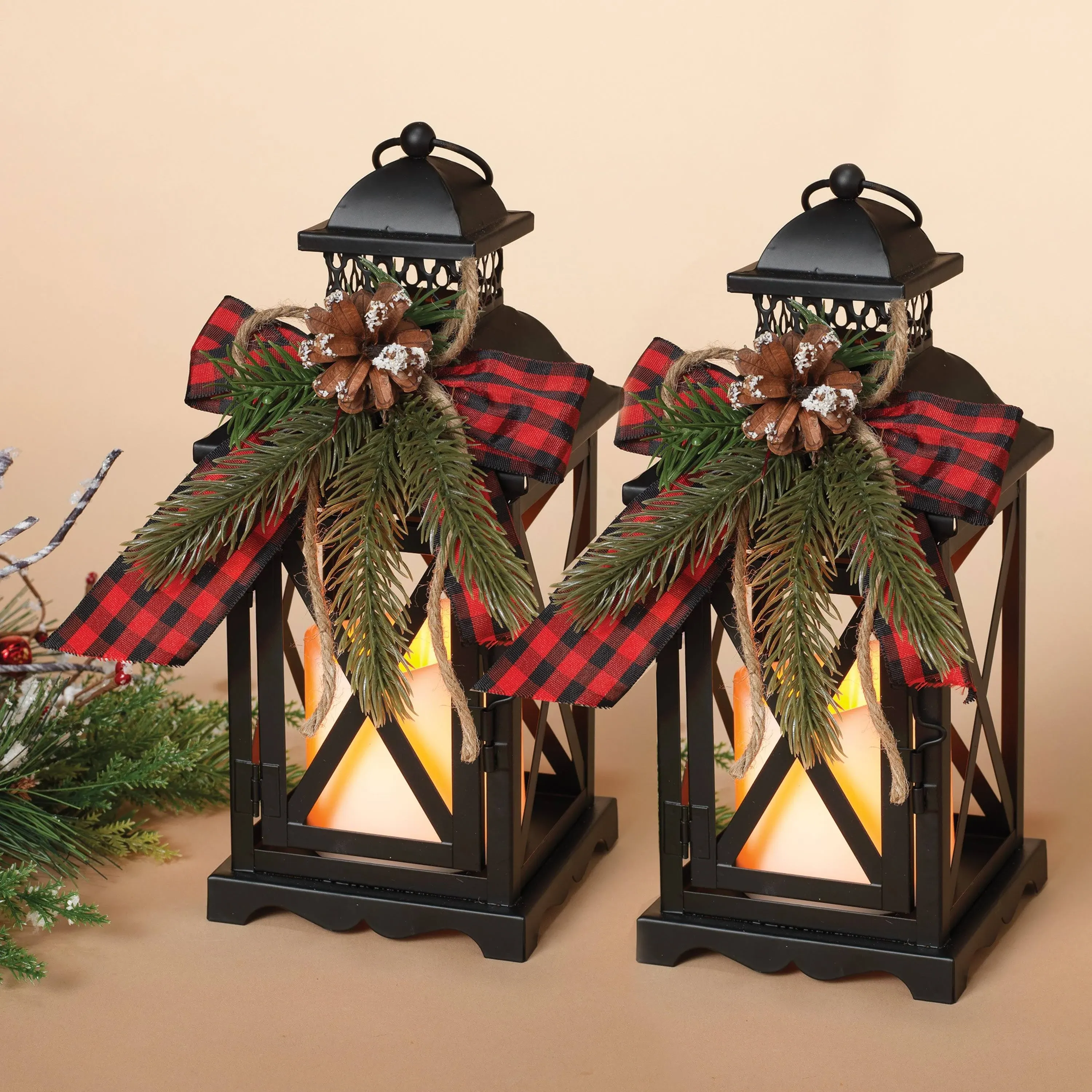 Gerson Set of 2 Battery Operated Lighted Christmas Metal Holiday Lanterns wit...