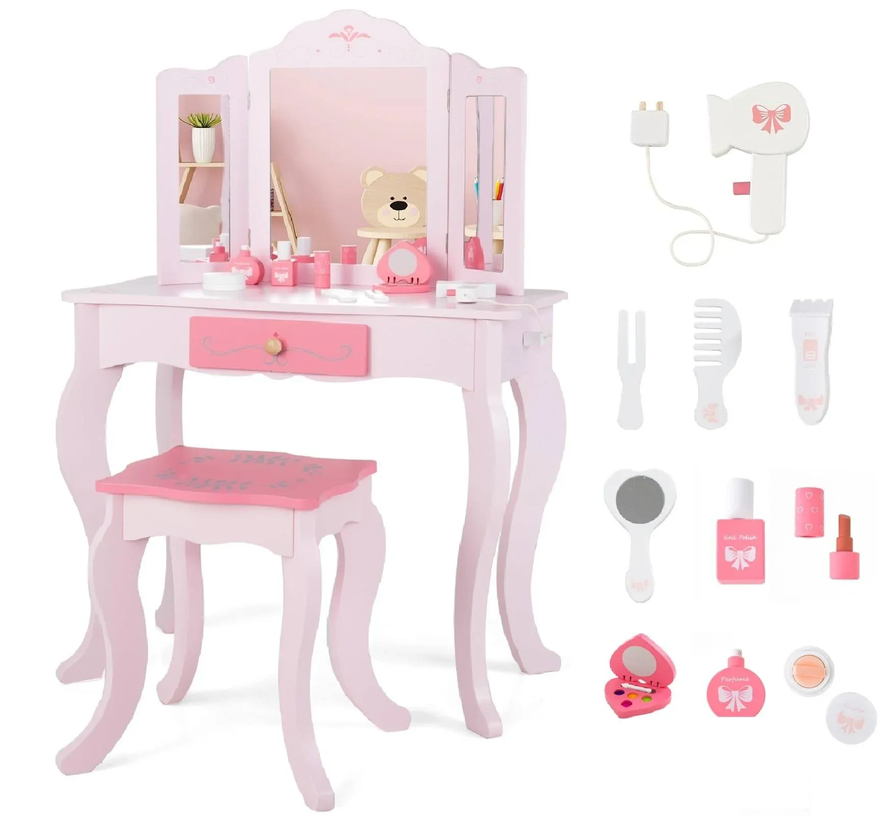 INFANS Kids Vanity, 2 in 1 Princess Makeup Desk Set, Wooden Dressing Table, Pretend Play Vanity Set