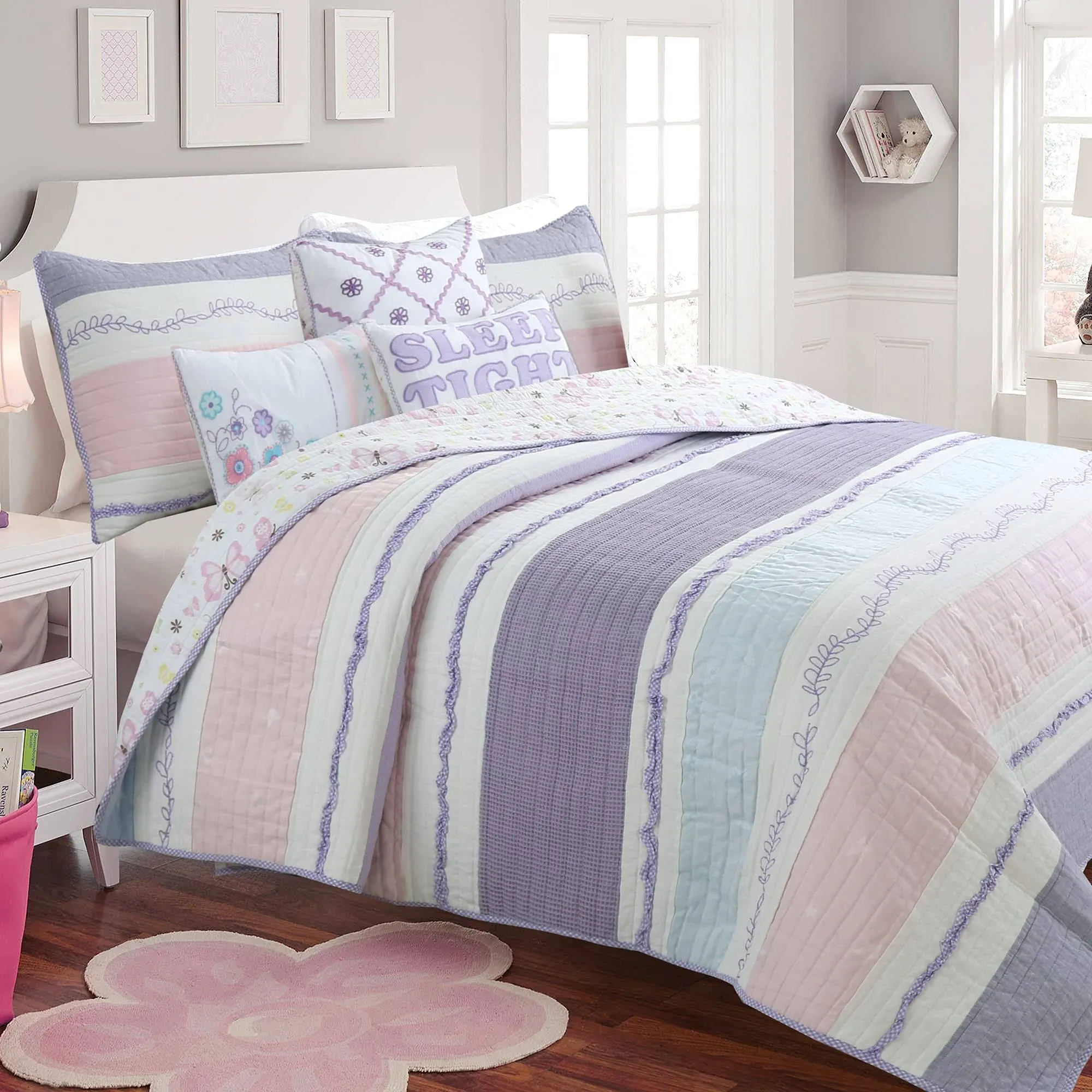 Lavender Blue Pink Ruffles Girl 100% Cotton Reversible Quilt Bedding Set, Coverl