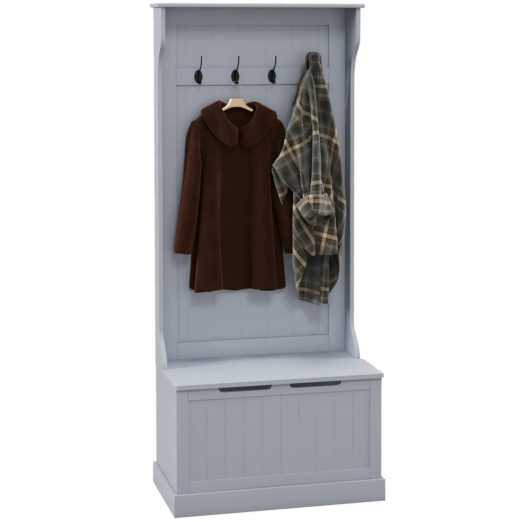 Homcom 3-in-1 Entryway Hall Tree with Storage Bench, Coat Rack with Four Hooks and Shoe Storage, Gray