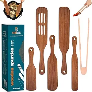 Stirguru Set Of 5 Wooden Spurtle Set + 1 Toaster Tong To Stir And Serve Like A -