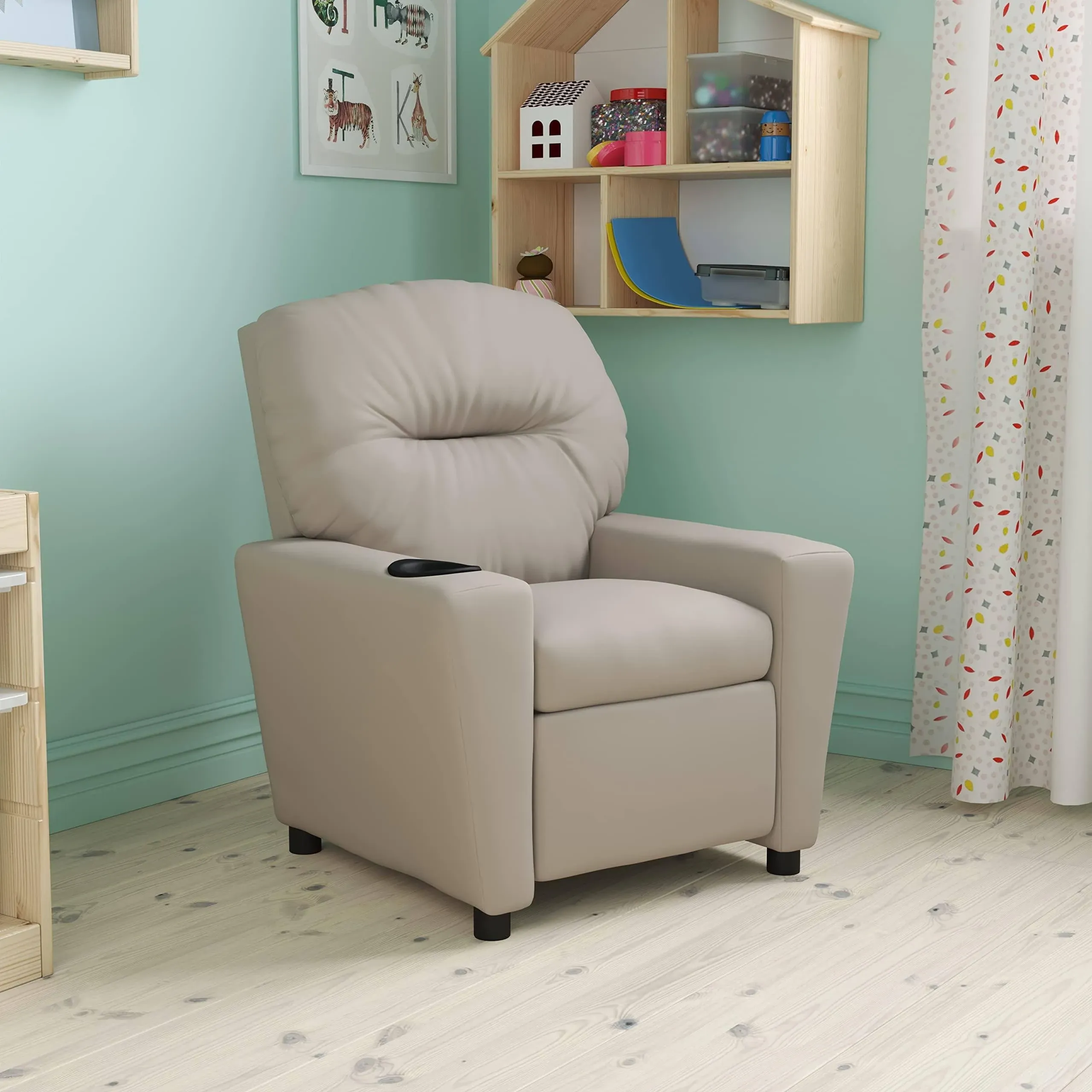 Emma Oliver Beige Vinyl Kids Recliner with Cup Holder