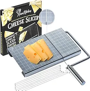 Cheese Slicer with Wire for Block Cheese - Adjustable Stainless Steel Cheese Cutter with Precision Scale, Ergonomic Design, 8 Replacement Wires - Perfect for Cheese Boards, Charcuterie, Kitchen Gadget