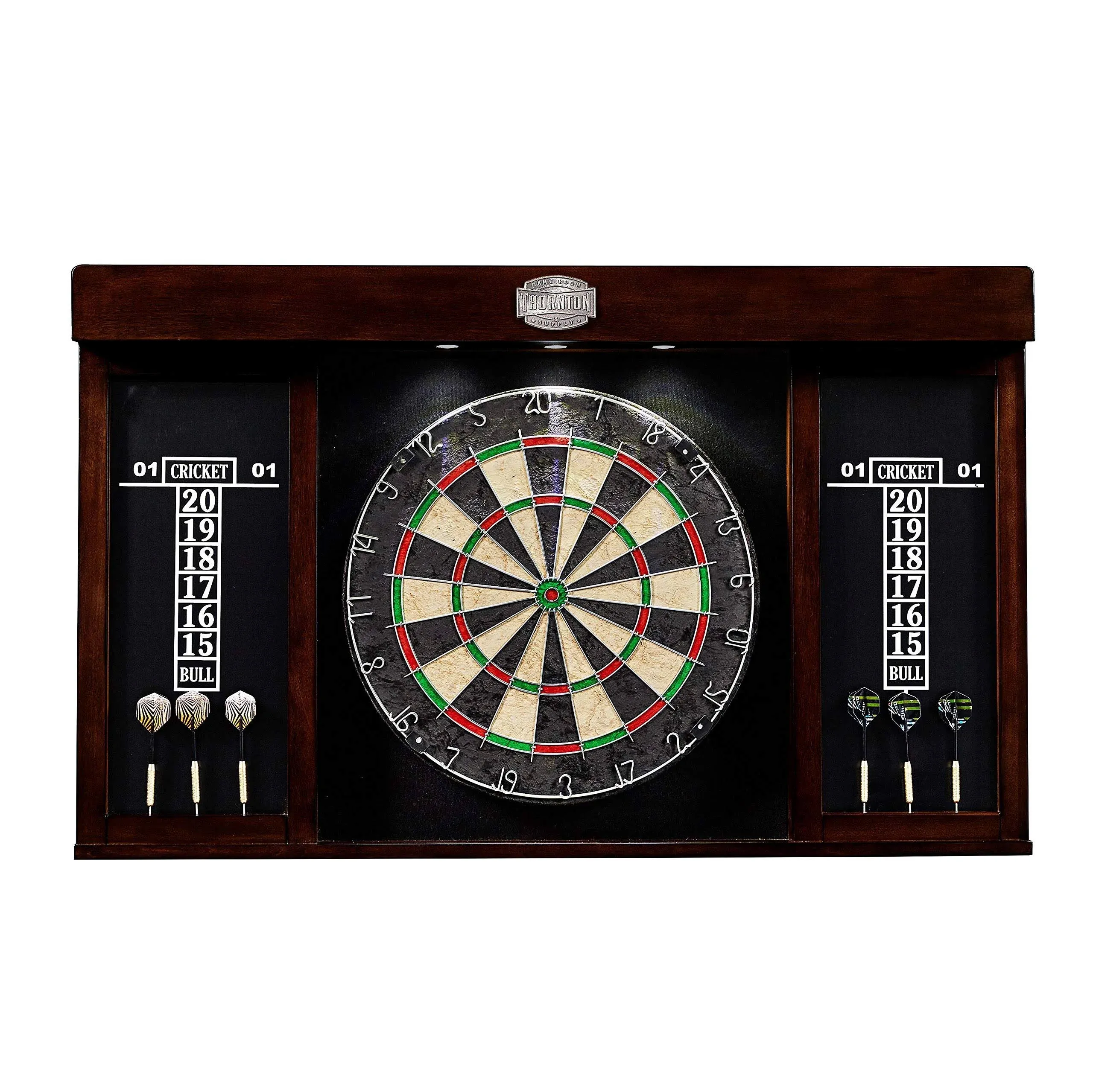 Thornton Wood Dartboard LED Display Cabinet with 18” Bristle Dartboard and Steel Tip Dart Set