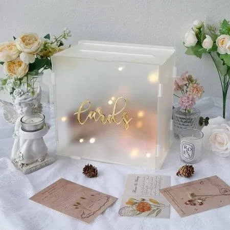 OurWarm Frosted Acrylic Wedding Card Box with String Light Large Gift Card Bo...