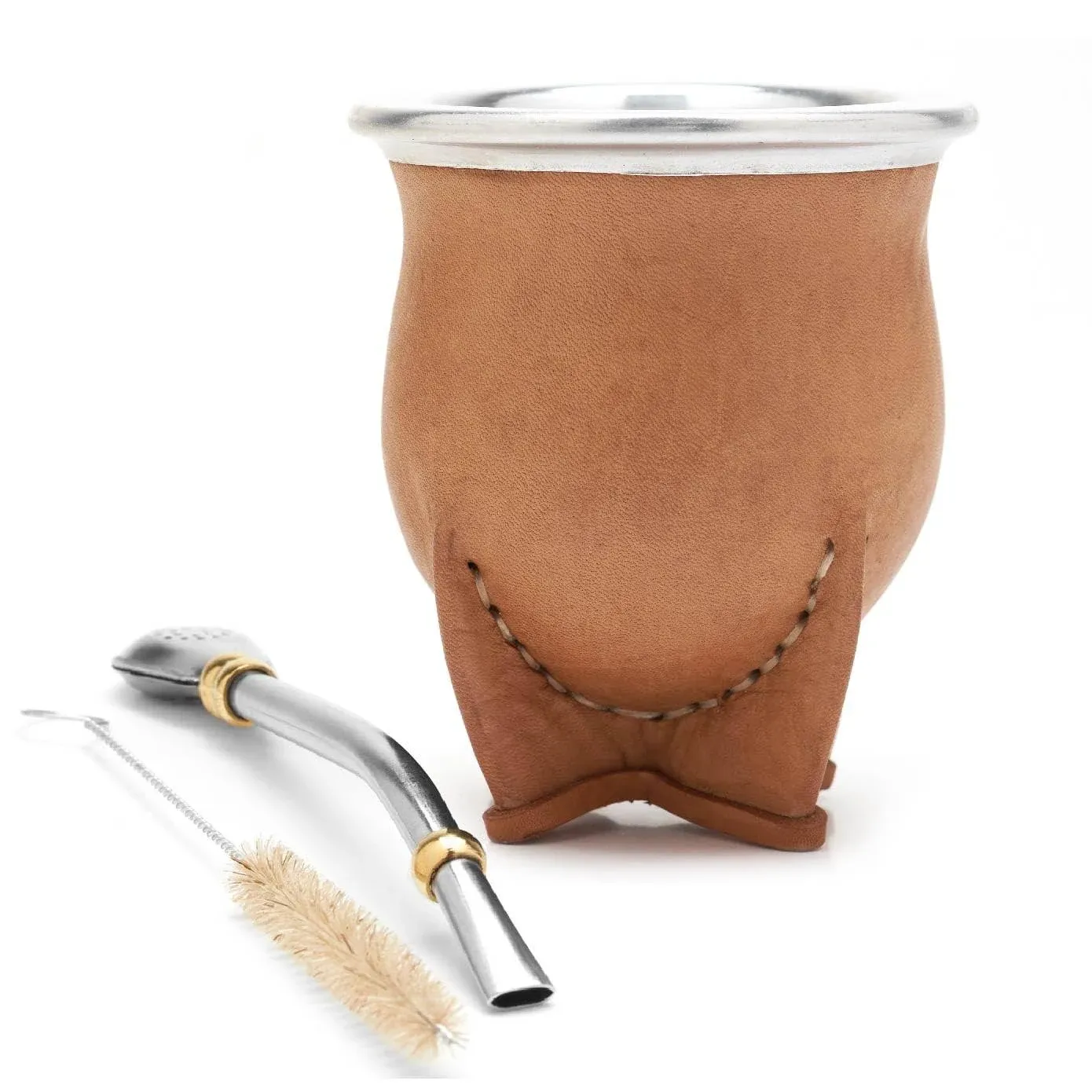 BALIBETOV [NEW Leather Wrapped Handmade Yerba Mate Gourd (Mate cup) with Bombilla (Yerba Mate straw) (Brown)