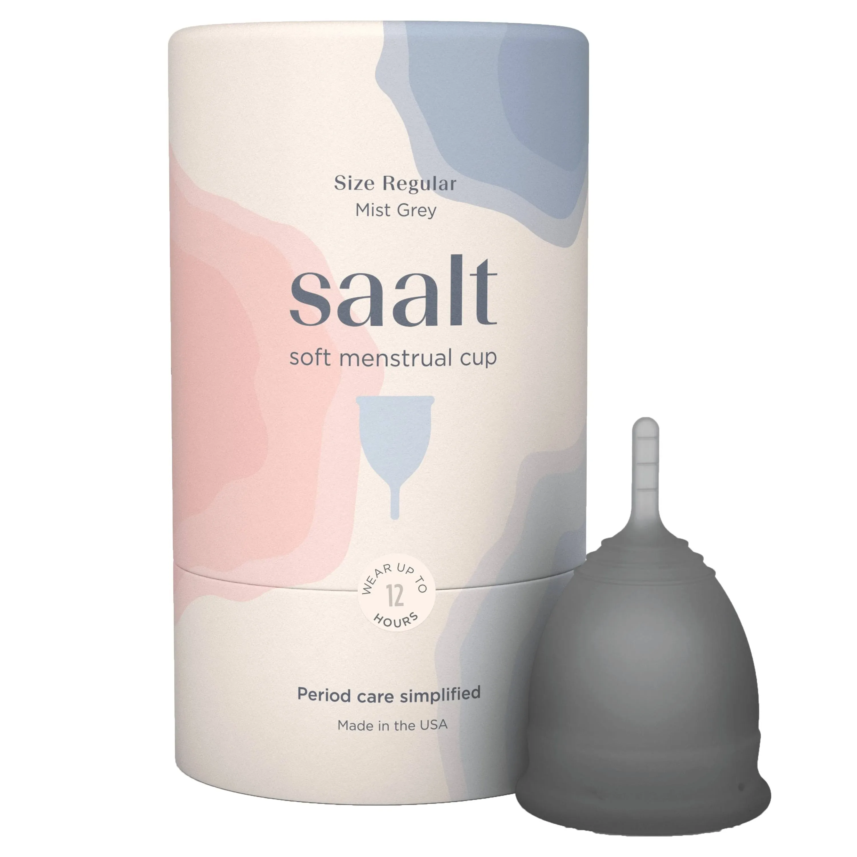 Saalt Soft Menstrual Cup - Super Soft and Flexible - Best Sensitive Cup - Wear for 12 Hours - Tampon and Pad Alternative (Grey, Regular)