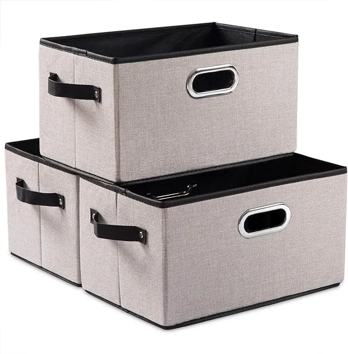 PRANDOM Large Fodable Storage Bins for Closet Large(3-Pack), Light Grey 