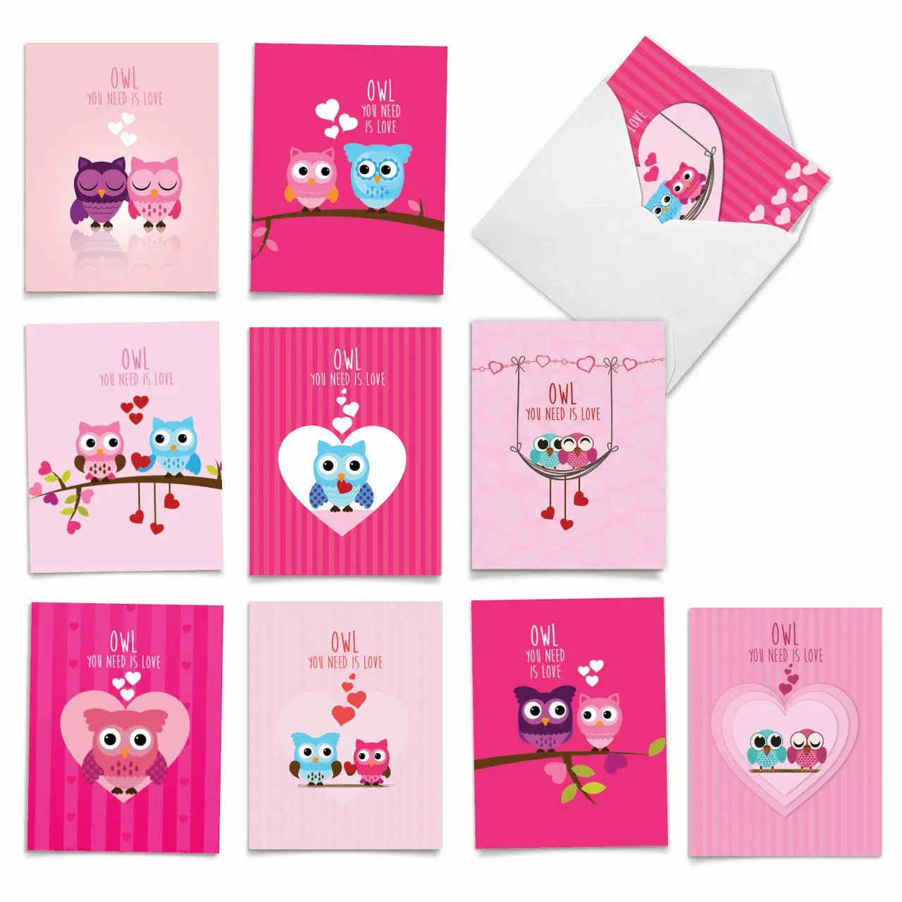 10 Assorted Valentine&#39;s Day Notecards  Set 4 x 5.12 Inch with Envelopes (10 Designs, 1 Each) Owl You Need Is Love