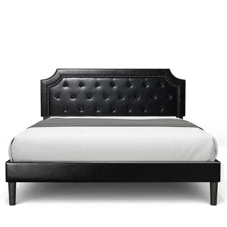 BONSOIR Bed Frame Upholstered Low Profile Platform Bed with Tufted Faux Leather Headboard/No Box Spring Needed/No Bed Skirt Needed (Black, Full Size)