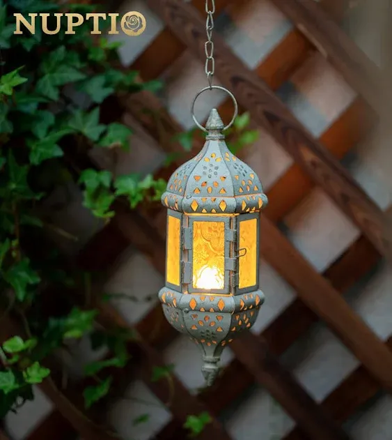 2 Pcs Moroccan Lantern Metalwork Hanging Tealight Candle Holder Metal Glass Indoor Outdoor Battery Operated LED Flameless with 13.8 inches Chain, White