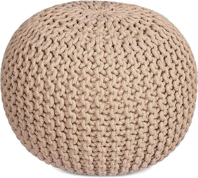 BIRDROCK HOME Round Pouf Foot Stool Ottoman - Knit Bean Bag Floor Chair - Cotton Braided Cord - Great for The Living Room, Bedroom and Kids Room - Small Furniture (Natural)