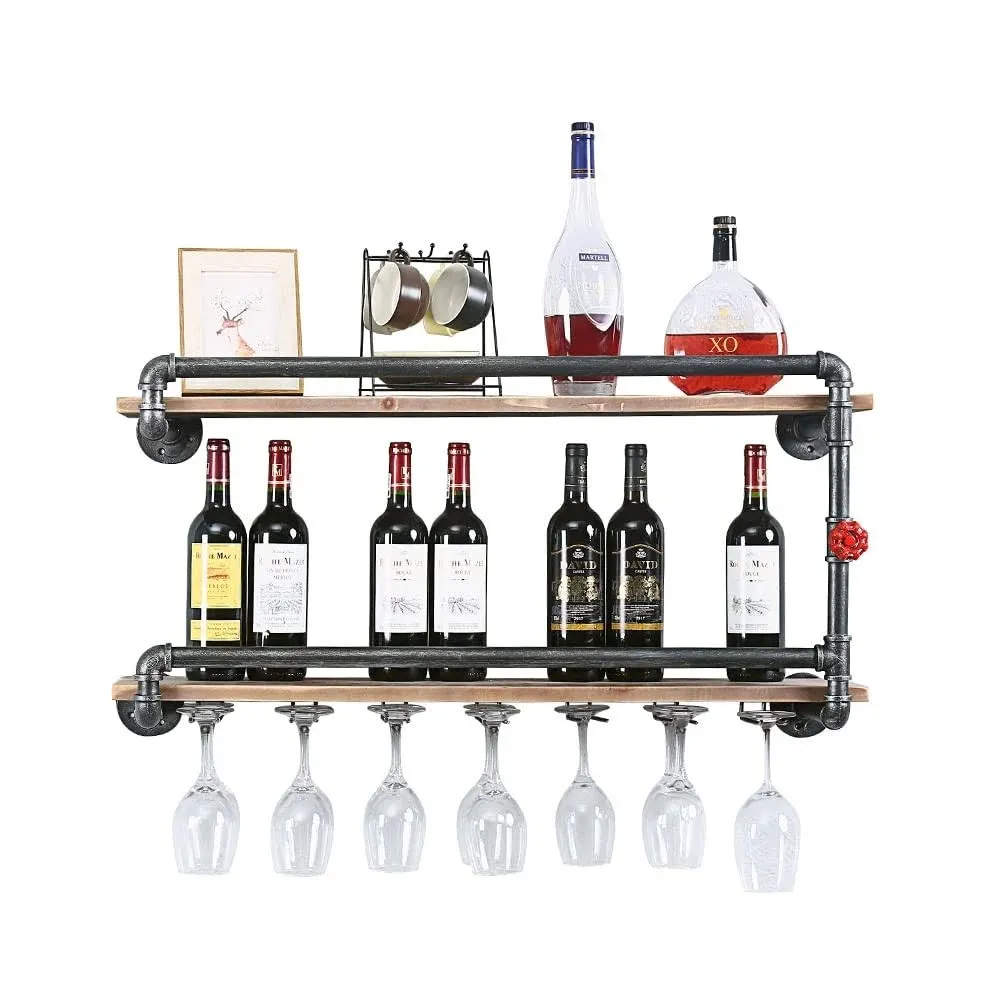 Industrial Wine Racks Wall Mounted with 7 Stem Glass Holder,2-Tiers Rustic Metal