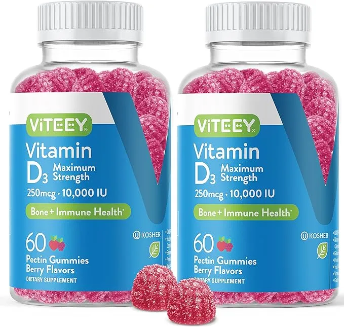 Vitamin D3 Gummies for Adults & Teens - 10,000 IU, 250mcg, Maximum Strength - Joint & Muscle Health, Immune Boost - Chewable Vitamin D Gummies - Vegetarian, Gelatin Free - Tasty Berry Flavored Gummy