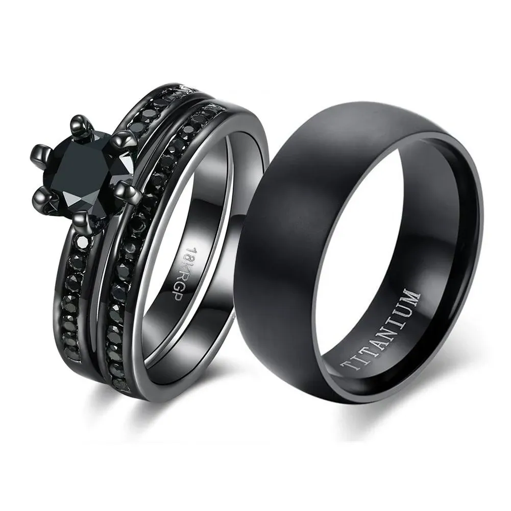 LOVERSRING Couple Ring Bridal Sets His Hers Women 18K Black Gold Plated CZ Men ...