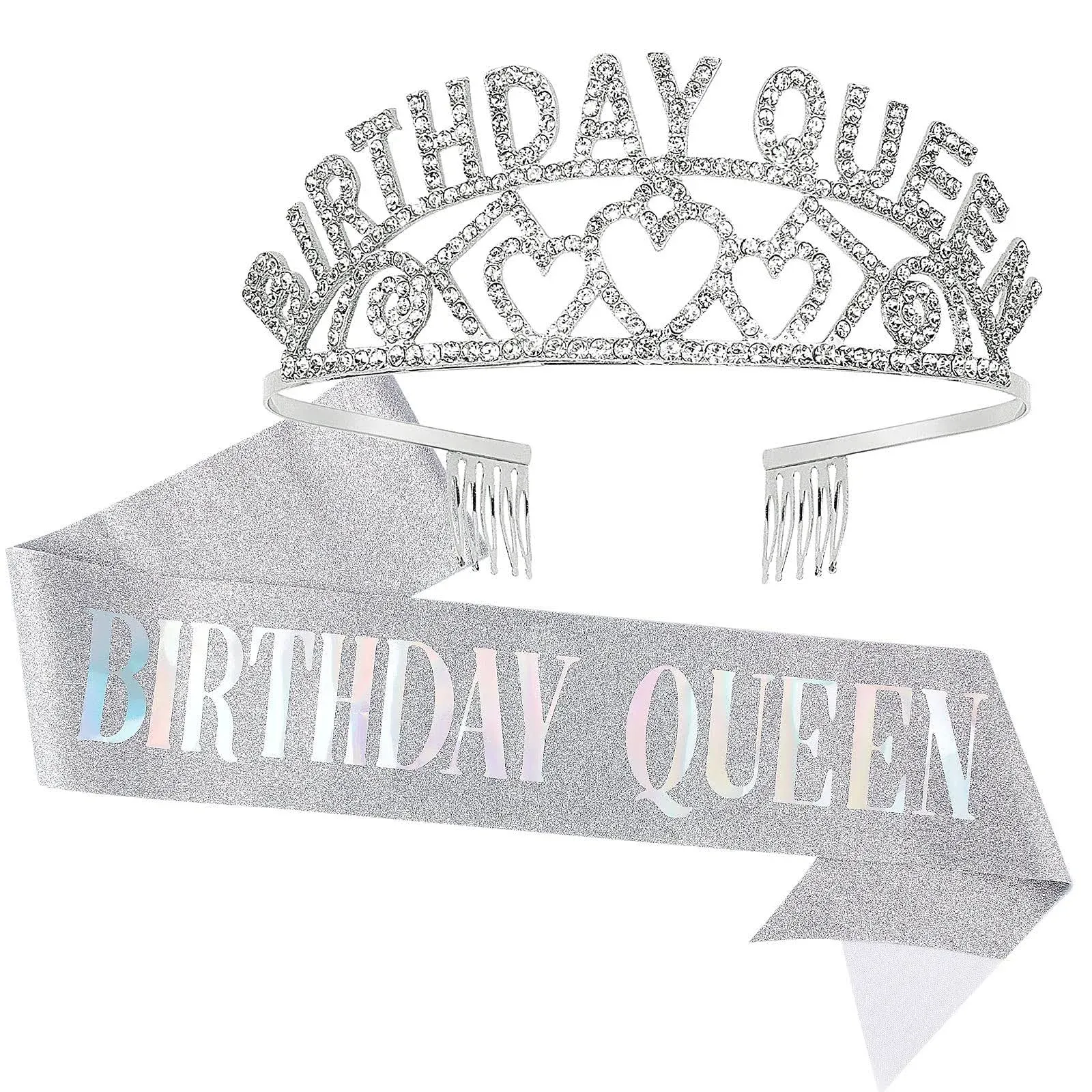 Cavetee AB Silver Birthday Crowns for Women Birthday Queen Sash and Tiara for ...