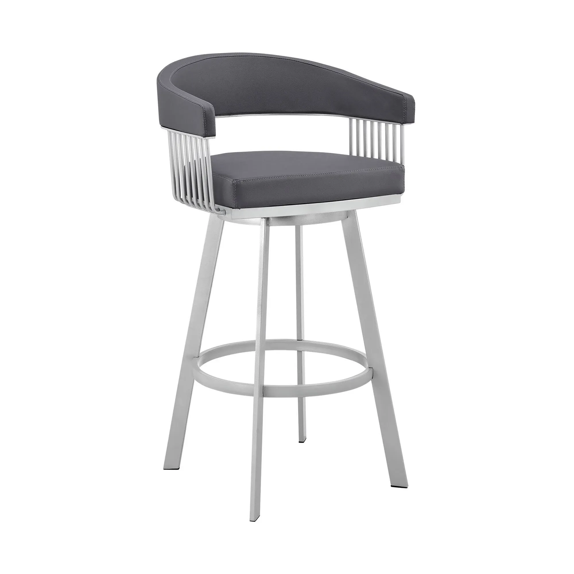 Armen Living Bronson 29" Slate Grey Faux Leather and Silver Metal Bar Stool