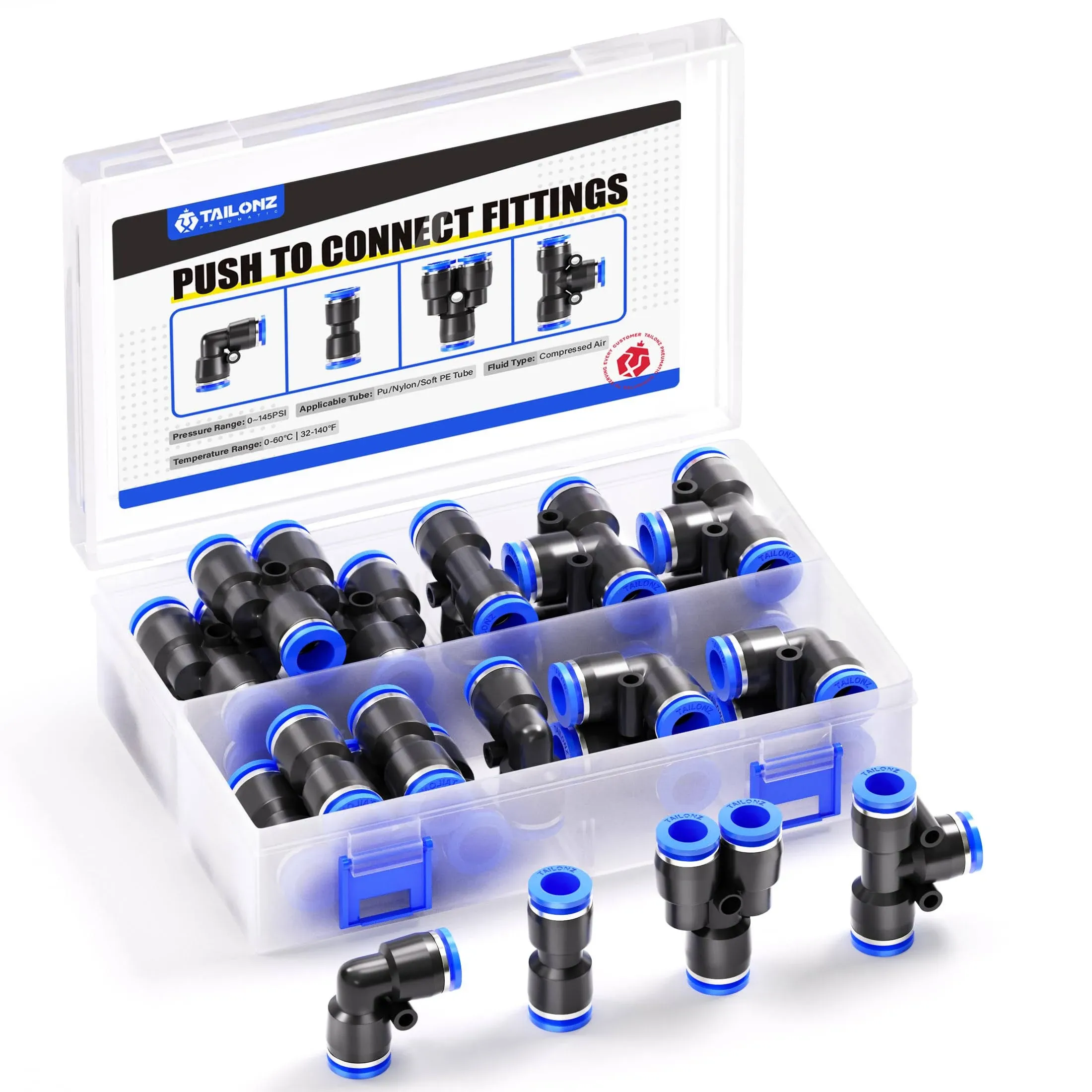 TAILONZ PNEUMATIC 3/8 Inch Od Push to Connect Fittings Pneumatic Fittings Kit 5 