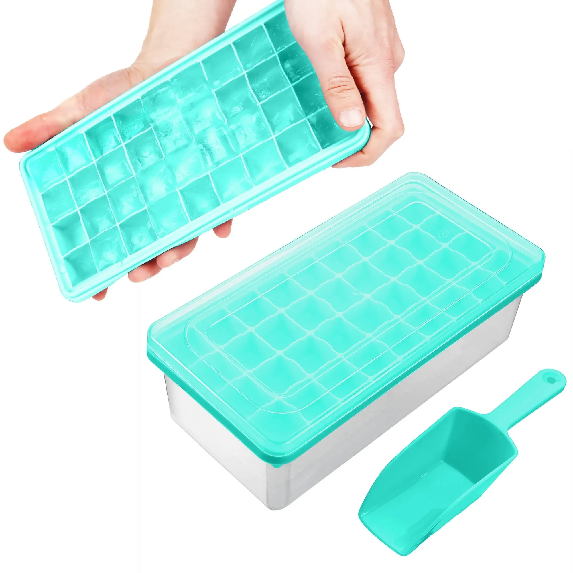 Ice Cube Tray With Lid &amp; Bin | BPA Free Silicone Ice Cube Tray With Lid, Cont...