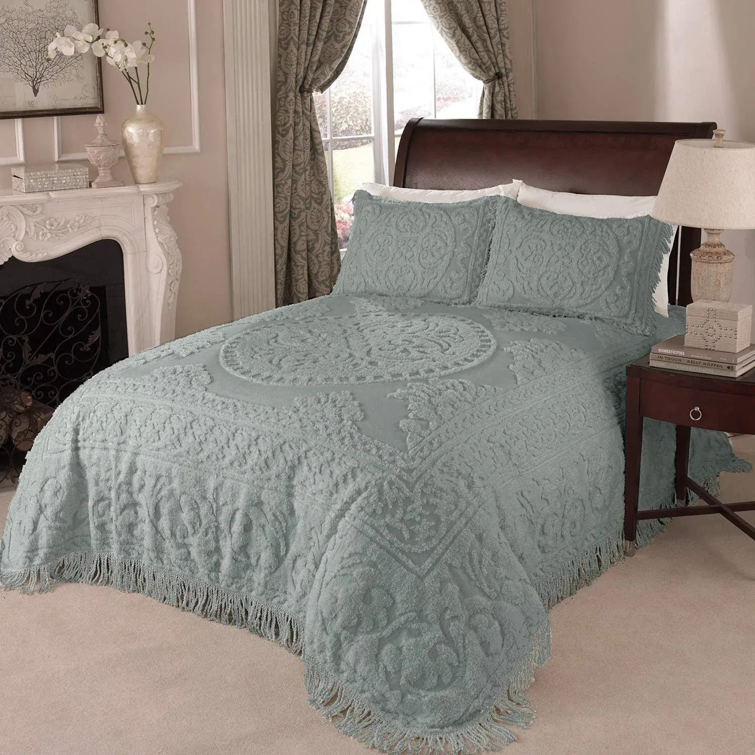 Beatrice Home Fashions Medallion Chenille Bedspread Queen Blue