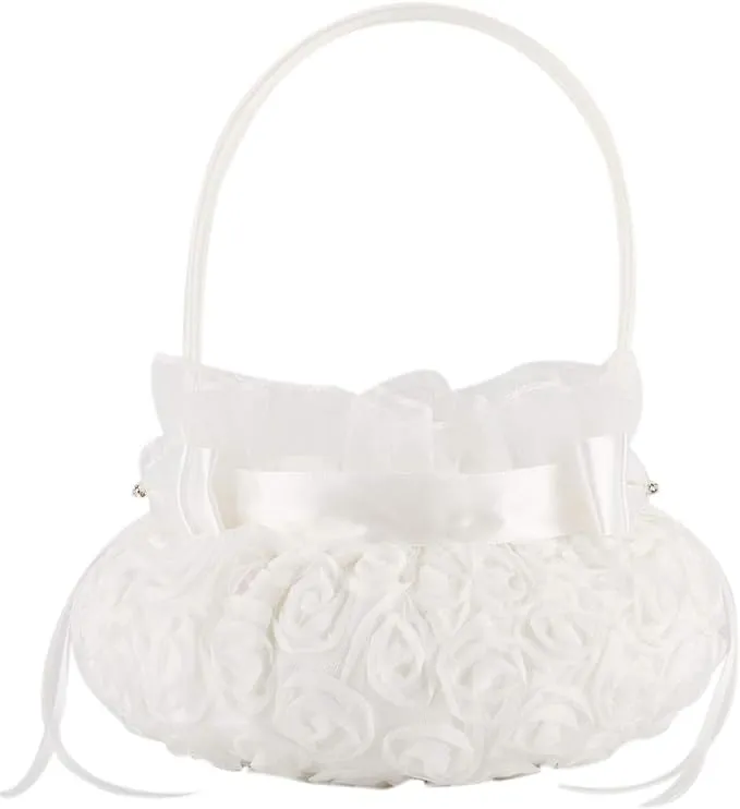 he andi Bowknot Silk Cloth Wedding Ceremony Party Rose Flower Girl Basket