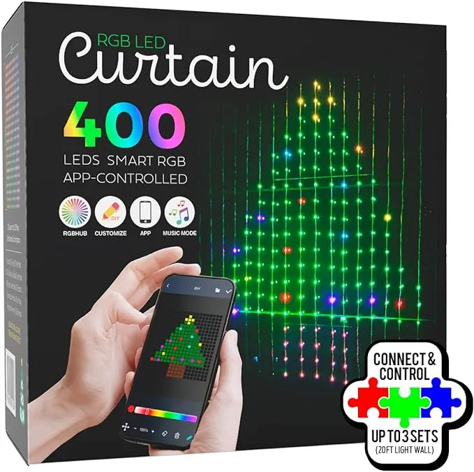 Ho-Ho-Glow 400 LED Curtain String Lights with App Control RGB Color Displays, Li