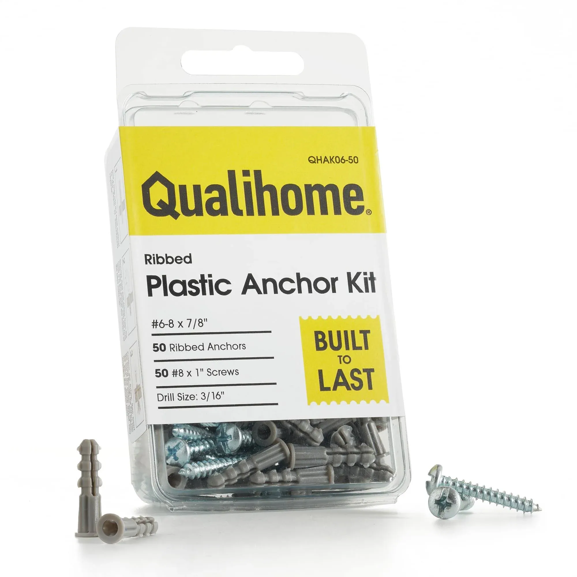 Qualihome Ribbed Plastic Drywall Anchor Kit, Wall Anchors and Screws for Drywall Includes Anchors, & Screws, 1 Masonry Drill Bit, Mounting Tolls for Decor, Shelving ([50 Pack] 6-8 x 7/8")