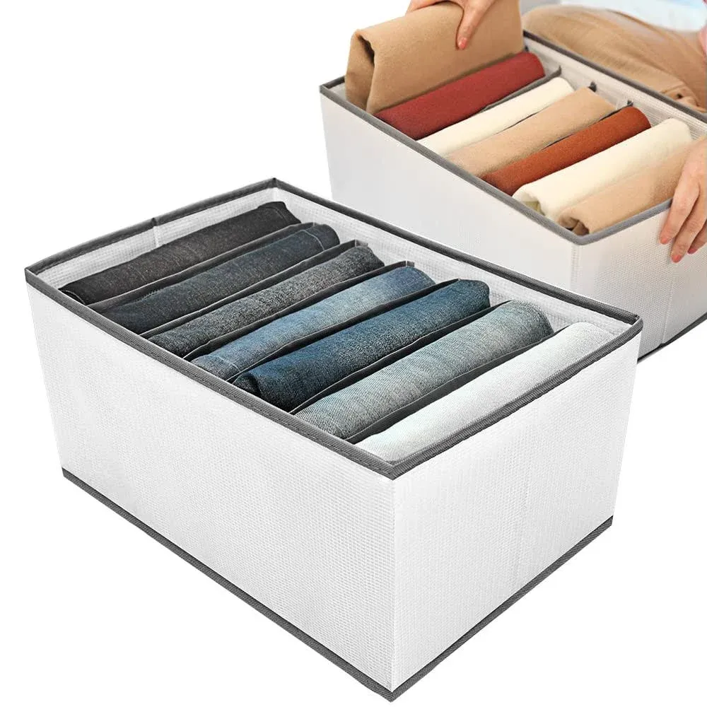 4 Pack Wardrobe Closet Organizer and Storage for Clothes - 7 Grids Foldable Drawer Dividers Organizers for Jeans | Pants | Shirts | Leggings, Stackable Clothing Bins for Closets Organization