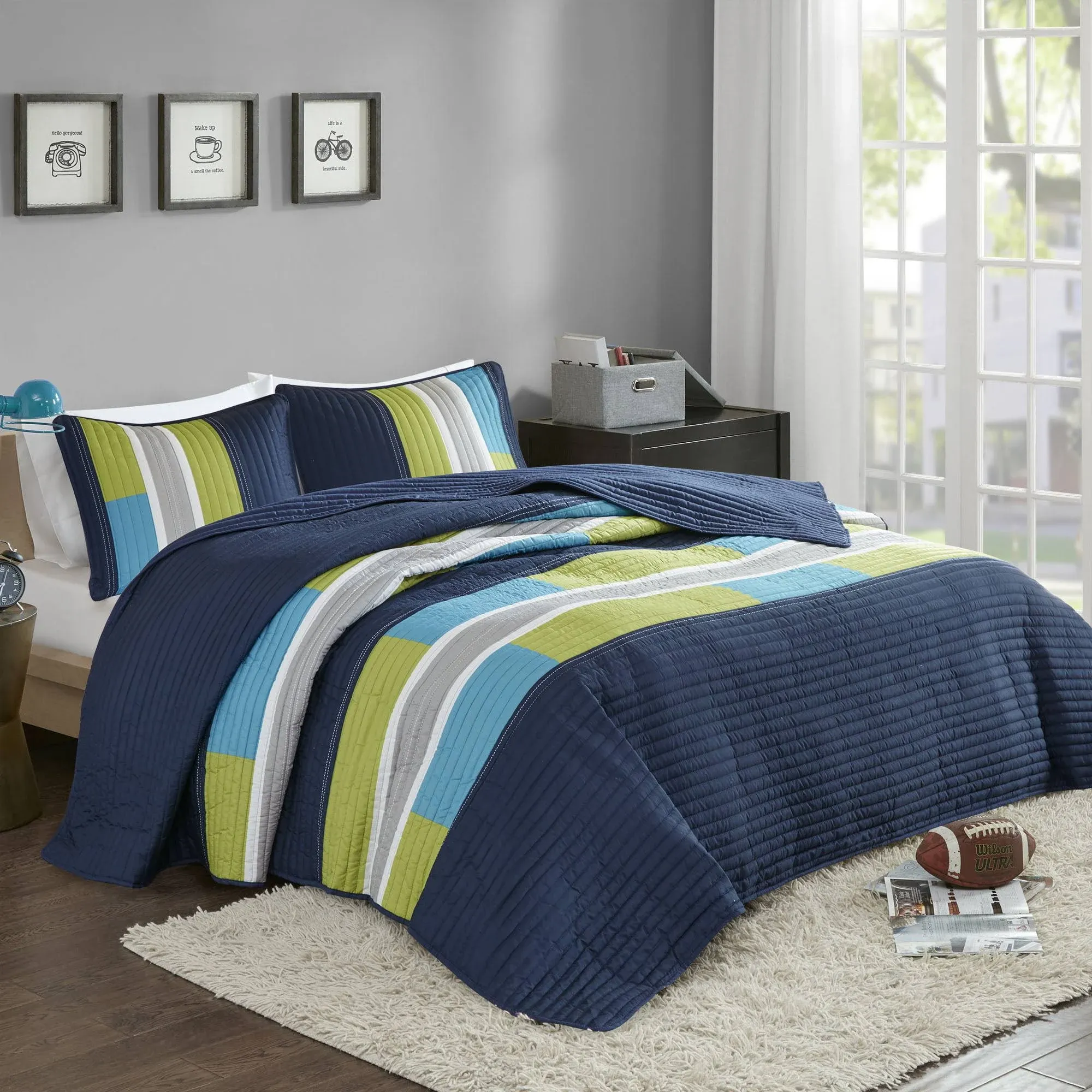 Comfort Spaces Pierre 3 Piece Full/Queen Quilt Set - blue/navy