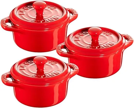 STAUB Ceramics Dutch Oven 3-piece Mini Round Cocotte, Cherry