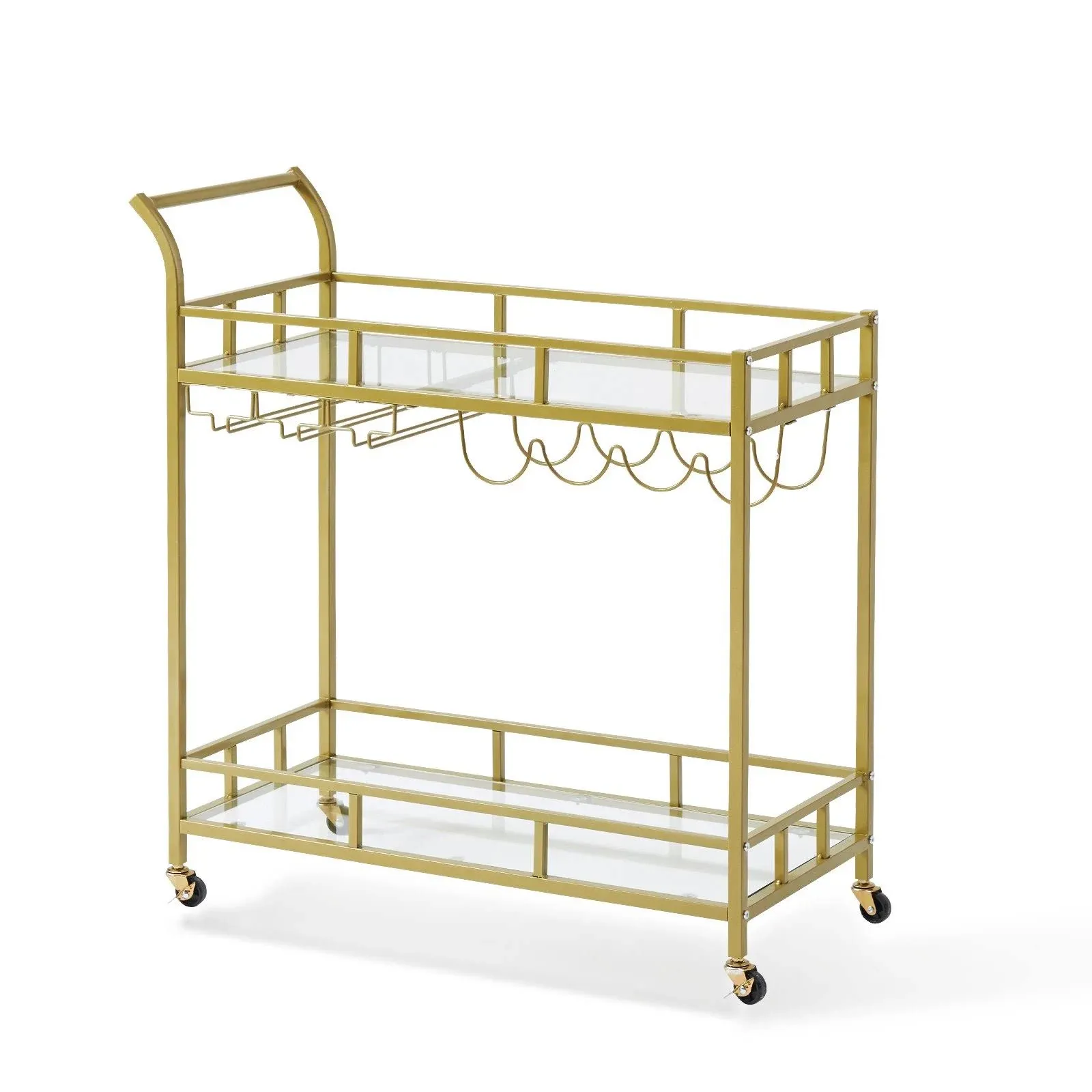 VEVOR Bar Cart Gold, 2 Tiers Home Bar Serving Cart on Lockable Wheels, Rolling Alcohol Cart with Tempered Glass Shelves Guardrail Wine Rack, Modern Wine Cart for Home Kitchen Dining and Living Room