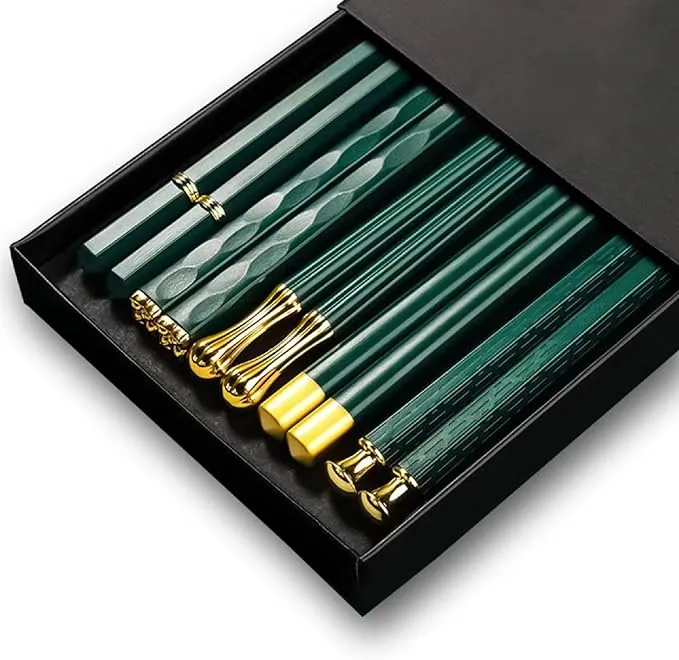 Random Mood Chopsticks Reusable Dishwasher Safe, Cooking Chopsticks, Korean Japanese Chinese Chopsticks, Fiberglass Chopsticks, Non-Slip, Green And Golden Multi Style, 5 Pairs, 9.5in/24cm