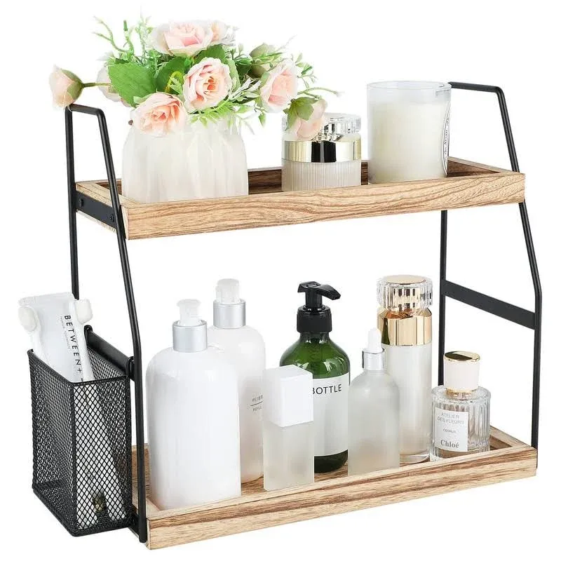 Fixwal Countertop Organizer for Bathroom, 2-Tier Wood Bathroom Counter Organizers with Basket Sink Shelf Cosmetic Storage Standing Vanity Tray Makeup Kitchen Spice Rack, Dark Brown