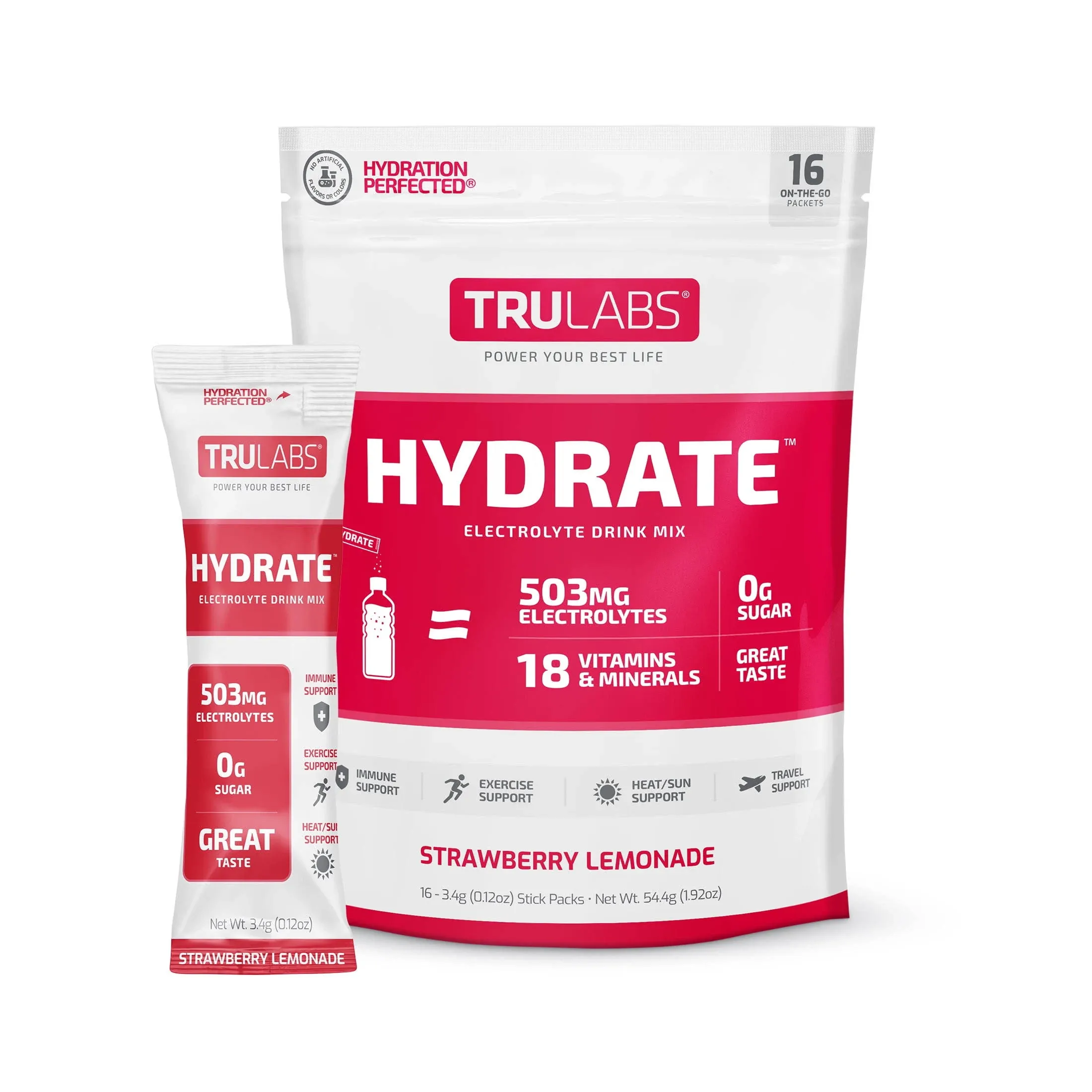 TruLabs Strawberry Lemonade Hydrate Drink Mix, 1 Bag, 30 Servings, 0 Sugar, 5 Calories, 503mg Electrolytes, Vitamins B1, B2, B3, B5, B6, B12, C, D, Zinc, Selenium, Magnesium
