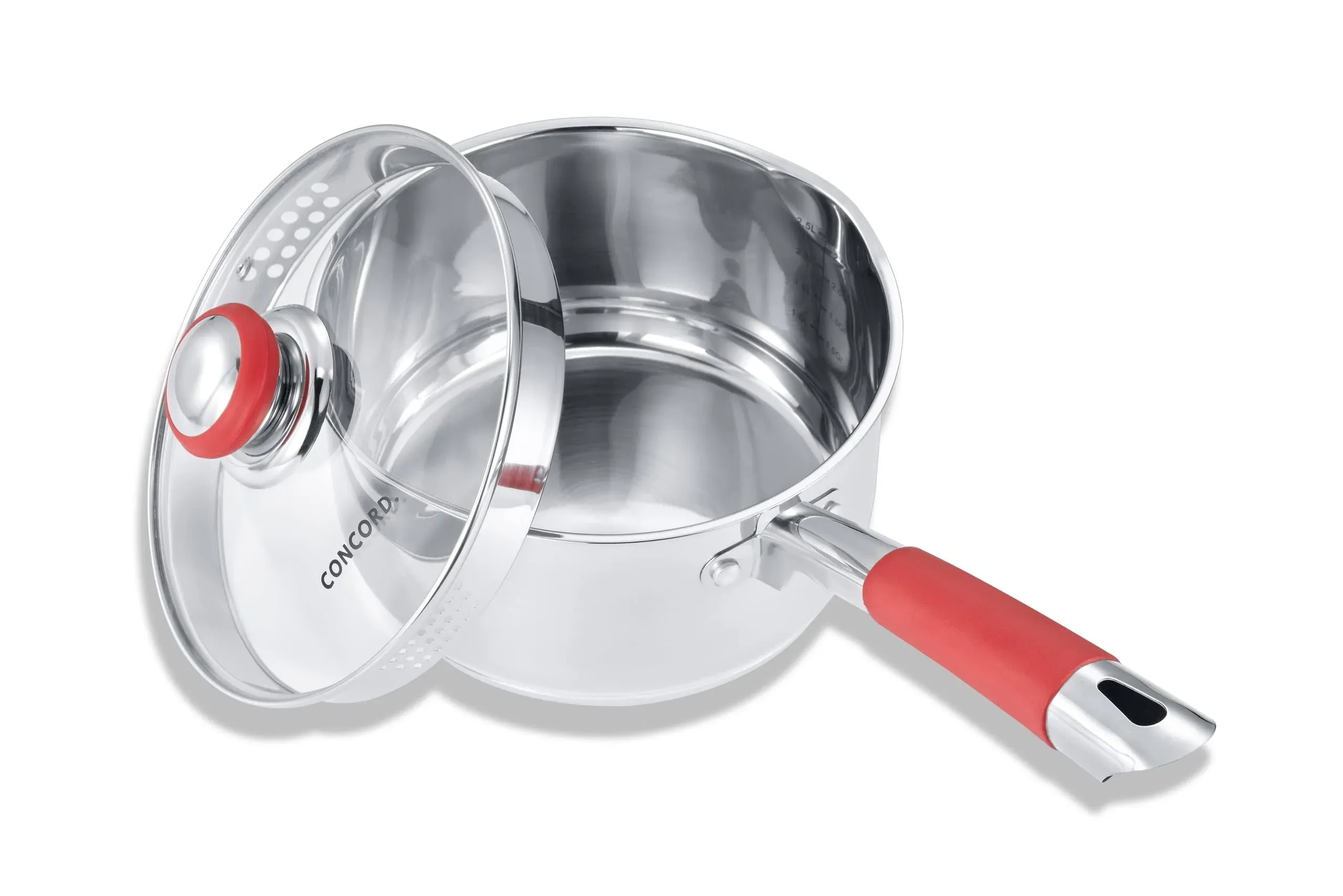 Concord 3 Quart Stainless Steel Saucepan with SIMPLE POUR Vented Glass Lid. Features Dual Pouring Spouts and Volume Marking. Perfect for making Sauces, Jam, Ramen, and more