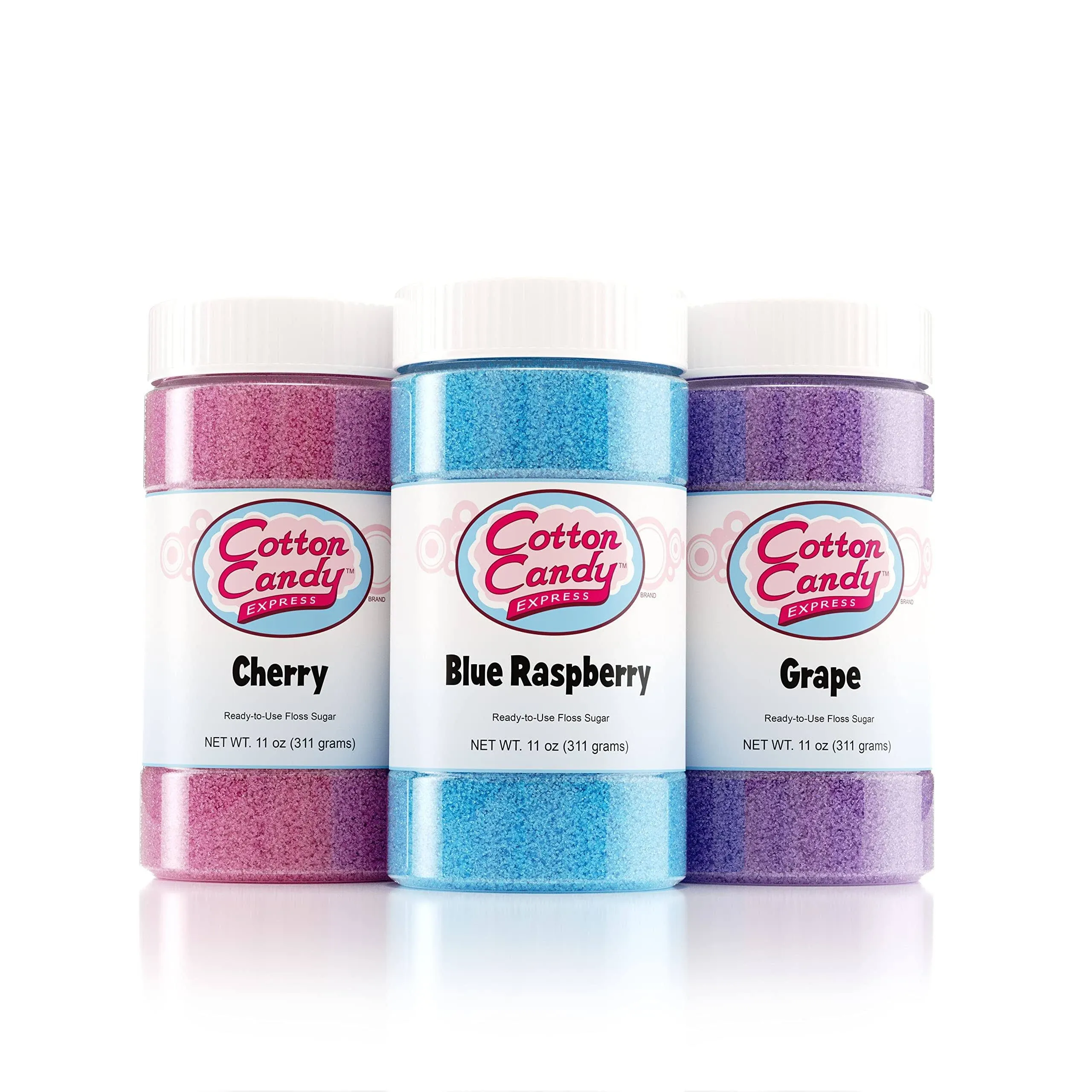 Cotton Candy Express Floss Sugar Variety Pack with 3 - 11Oz Plastic Jars of Cher