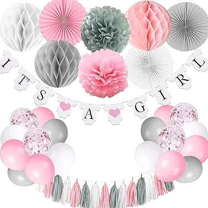 Baby Shower Decorations for Girl, It’s A Girl Banner with Paper Fan Tissue Pompoms Honeycomb Ball Party Balloons Foil Tassel, Pink and Grey It’s A