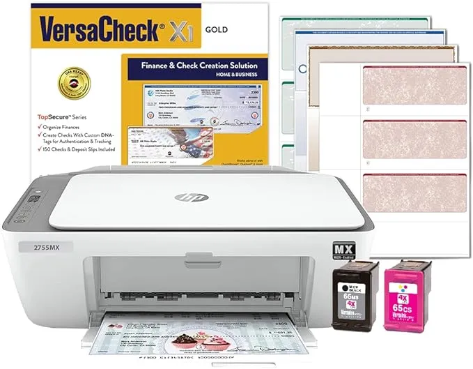 VersaCheck HP Deskjet 2755 MX MICR All-in-One Check Color Printer Gold Check Printing Software Bundle, White (2755MX)