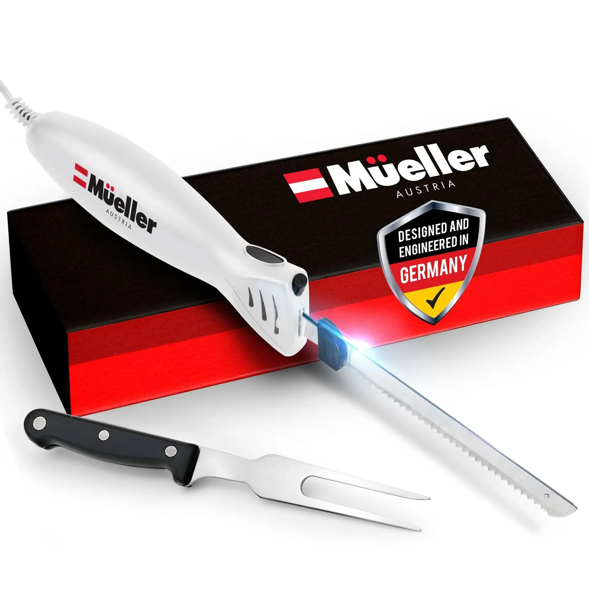 Mueller Ultra-Carver Electric Knife for Carving Meats, Poultry, Bread, Crafting Foam. Stainless Steel Blades, Powerful Motor, Ergonomic Handle, One-Touch On/Off Button, Serving Fork Included, White