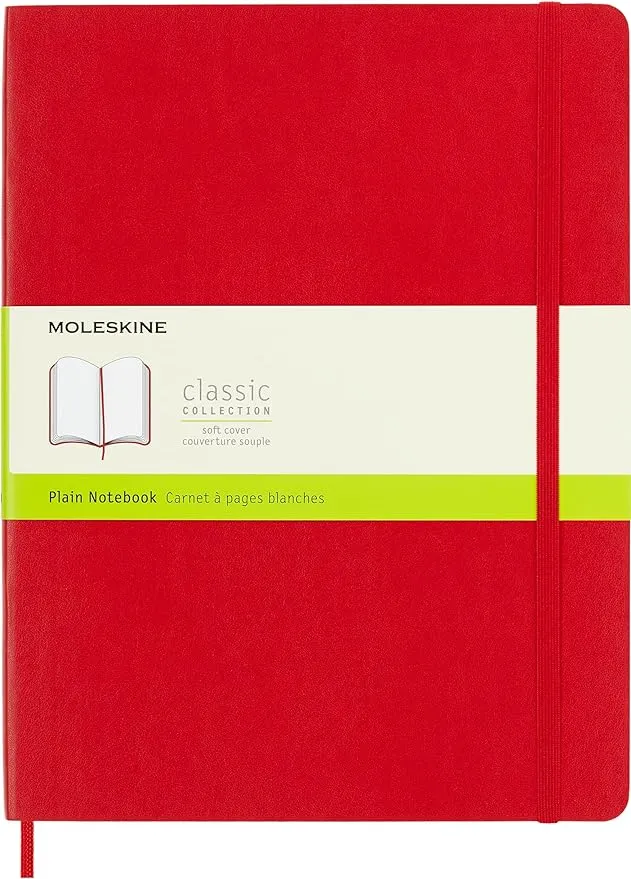 Moleskine Classic Notebook, Soft Cover, XL (7.5" x 9.5") Plain/Blank, Scarlet Red, 192 Pages