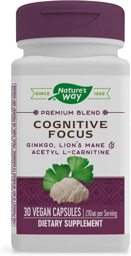 Nature's Way Premium Blend Cognitive Focus with Gingko, Lion's Mane & Acetyl L-Carnitine, Supports Memory and Concentration*, 30 Capsules