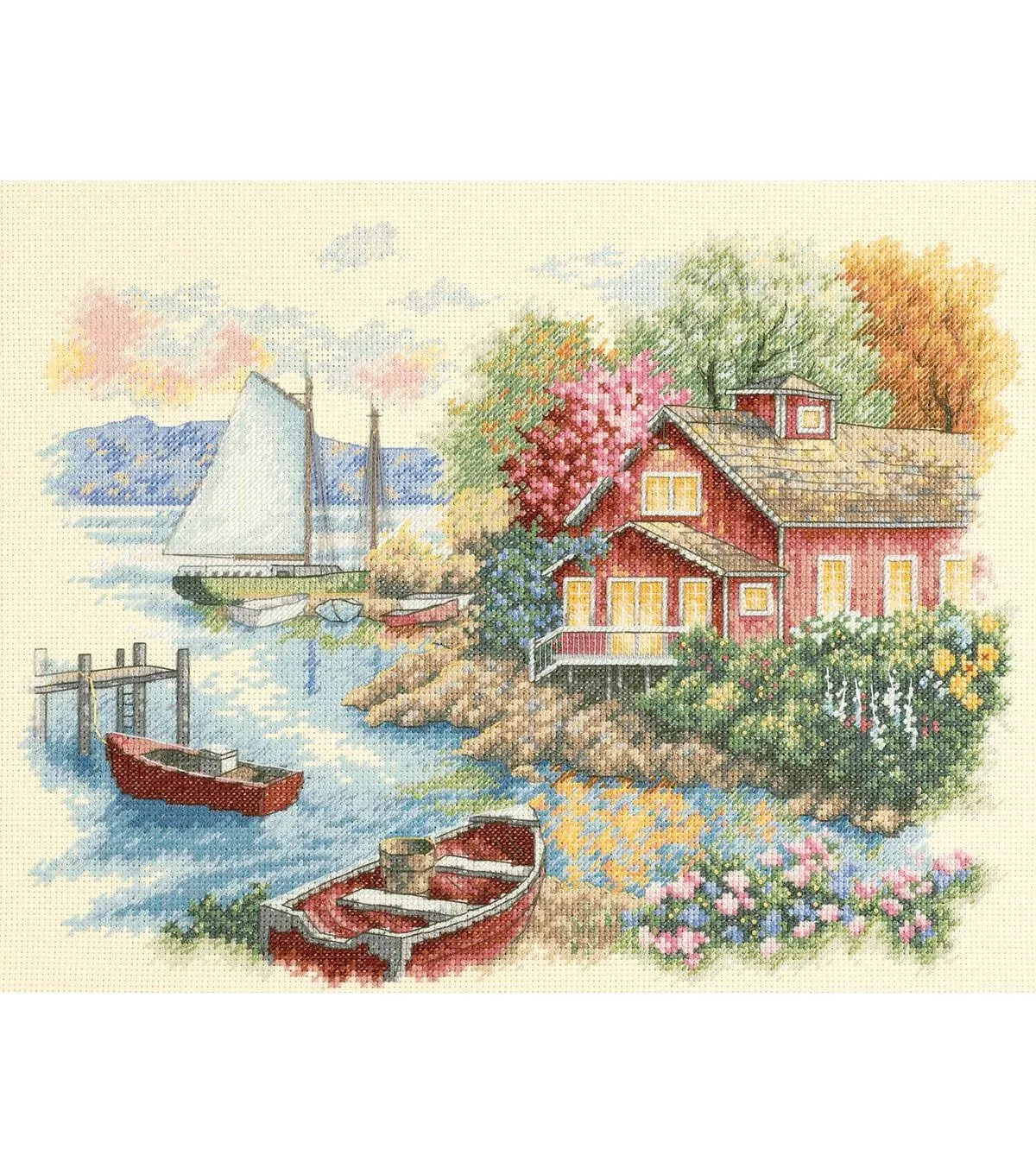 Dimensions 'Peaceful Lake House' Counted Cross Stitch Kit, Ivory Aida, 14" x 11", 14 Count