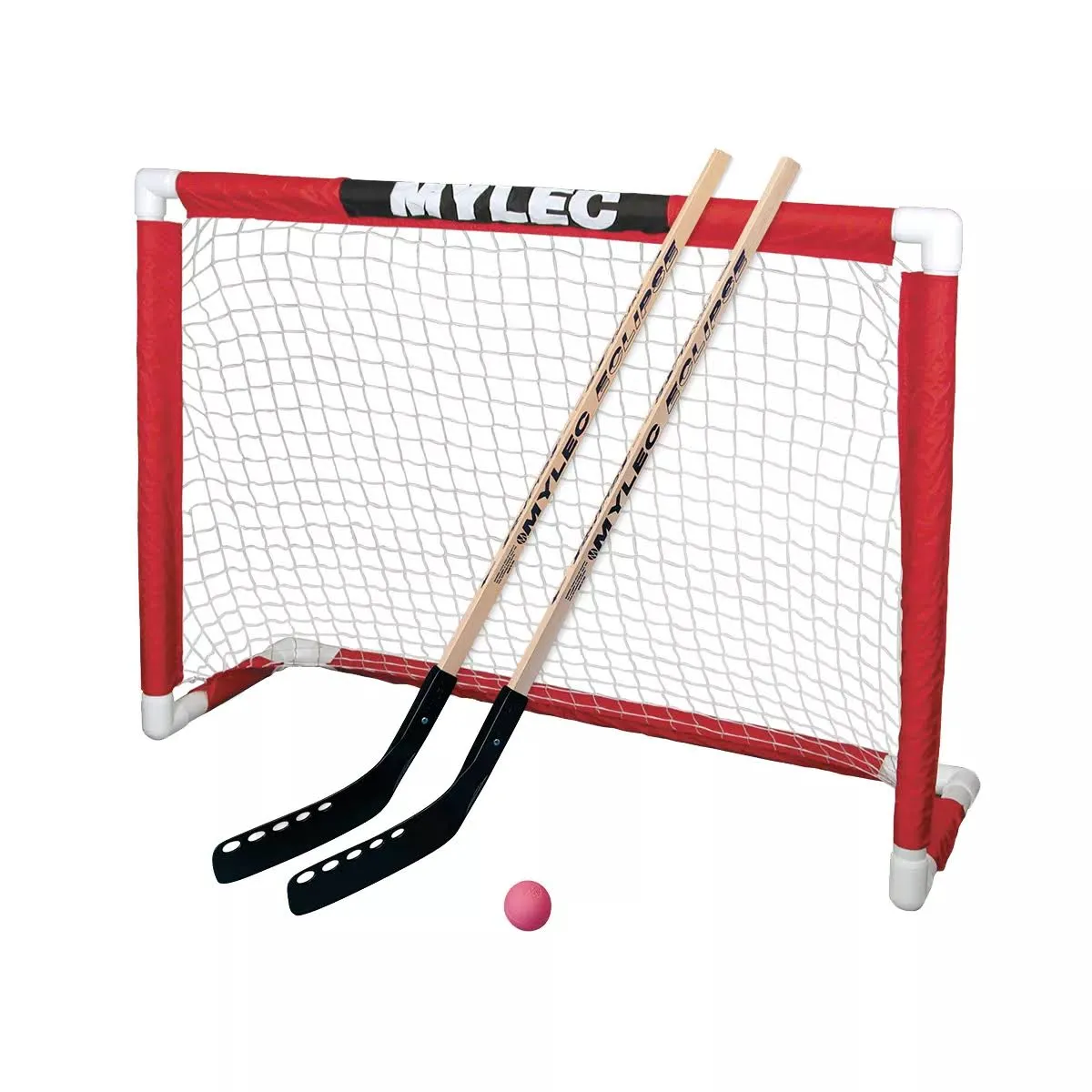 MyLec Deluxe Hockey Set, with 1 Hockey Goal, 2 43" Hockey Sticks & 1 Soft Ball, Sleeve Netting System, PVC Tubing Net, Lighweight & Durable, Enhanced Grip, Pre-Curved Mini Hockey Stick (Red/White)