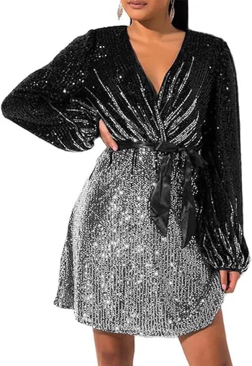 828 - Plus Size Long Sleeves Wrapped V Neck Sequins Skater Style Cocktail Evenin