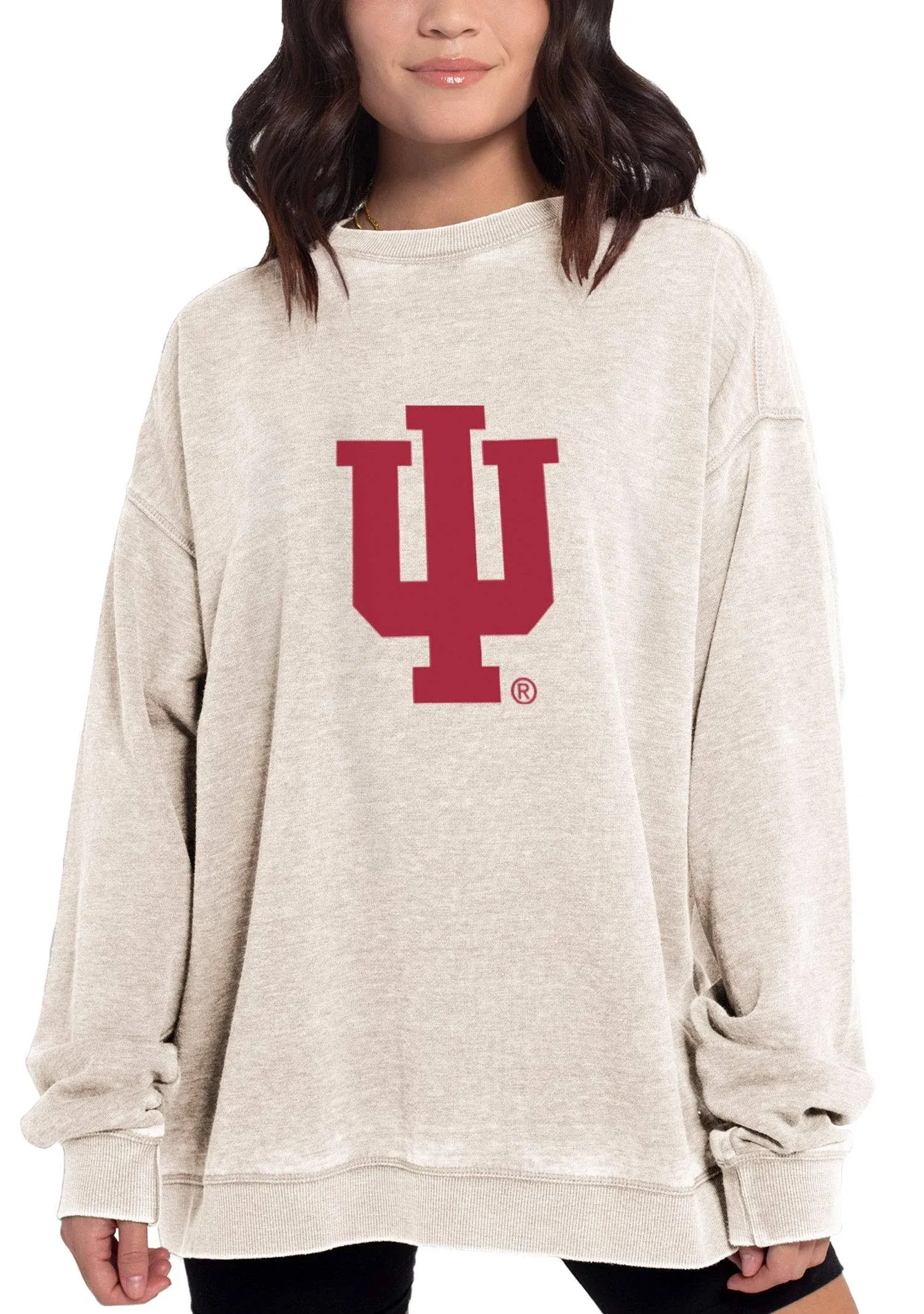 chicka-d NCAA Indiana Hoosiers Womens Campus Crew Pullover, Oatmeal, Medium