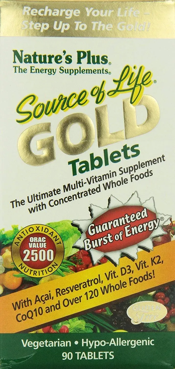 NaturesPlus Source of Life Gold Multivitamin - 90 Tablets - with Vitamins D3, B12 & K2 - Blood, Bone & Immune Support - Vegetarian & Gluten Free - 30 Servings