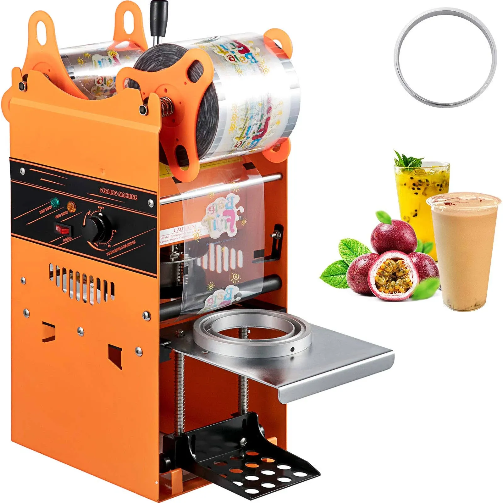 Manual Tea Cup Sealer Machine, 300-500 Cup/h Manual Boba Tea Sealer Machine, Orange, 90/95mm Cup Diameter Cup Sealing Machine with Heating Technology for Bubble Milk Tea